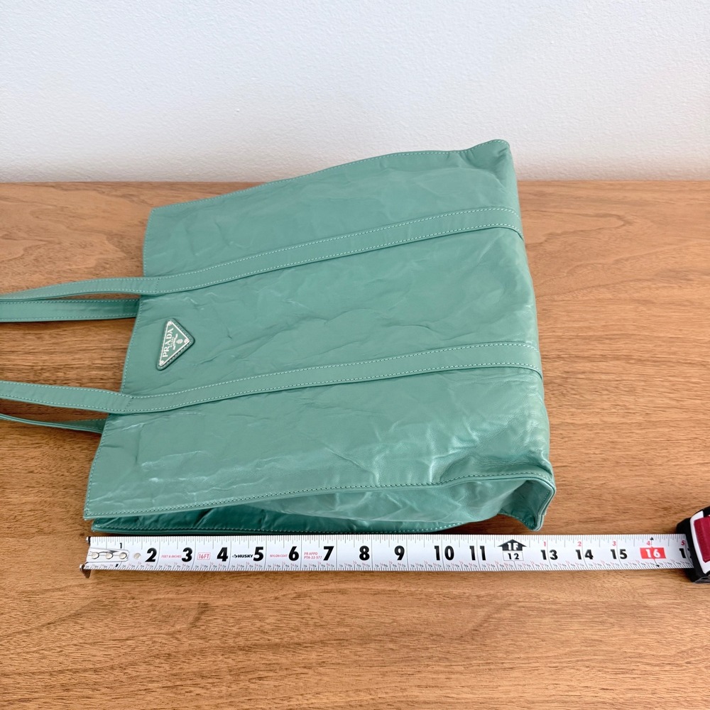 Prada 1BC459 Crinkled Leather Tote Bag Teal Green Shopper Triangle Logo - Picture 15 of 16